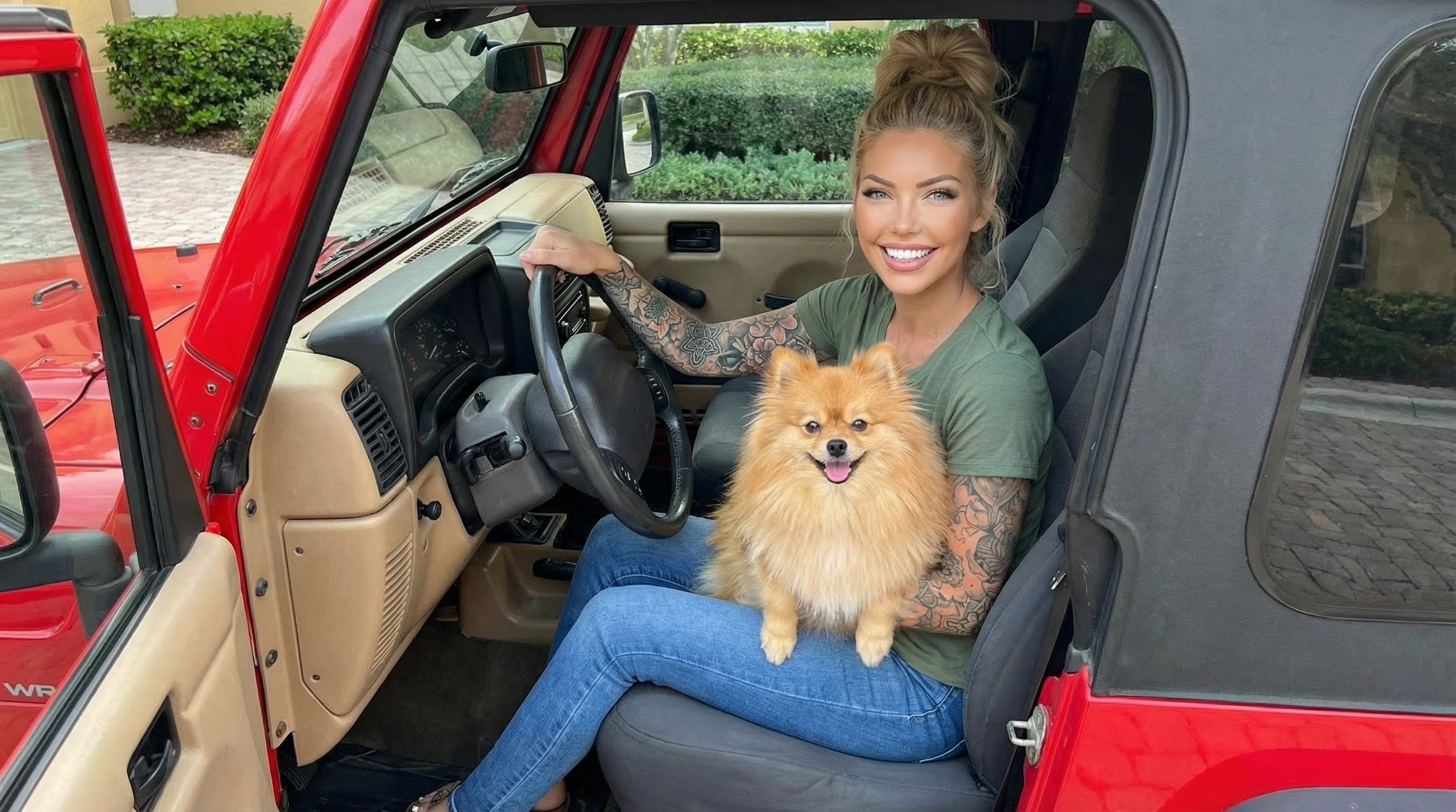 Jenny Mondorini and Pommy in Jeep